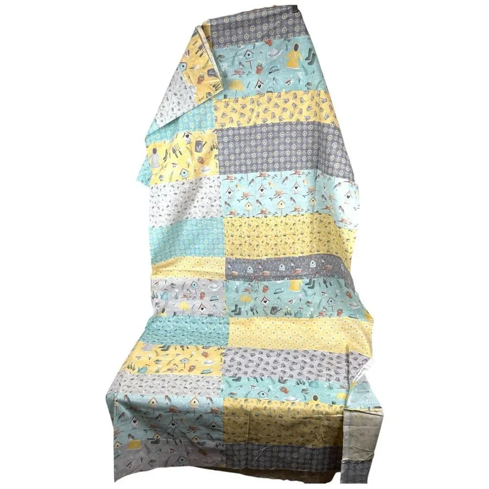 Handmade Large yellow gray blue Spring garden Print Bedroom Decor Quilt topper